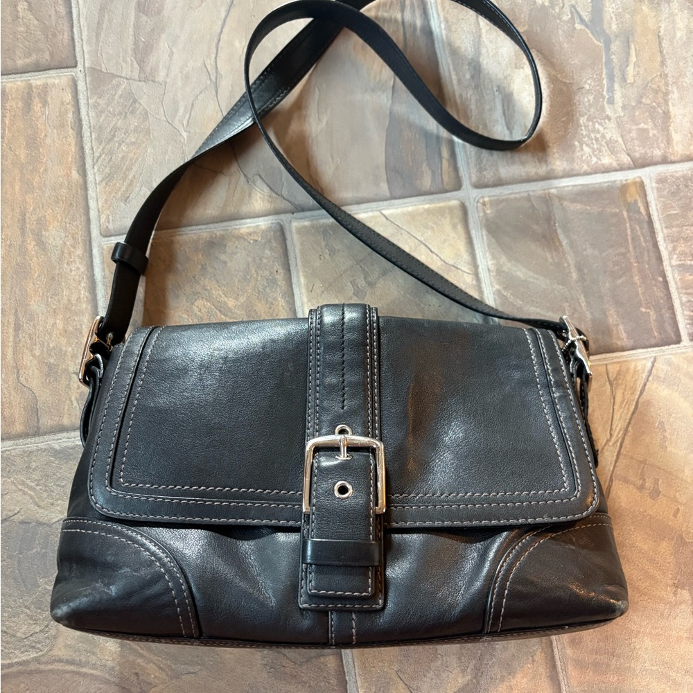 Coach Medium Black Leather Shoulder Y2K SOHO FLAP LEATHER Bag